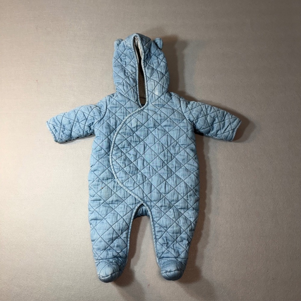Gap Baby Blue Cozy Quilted Denim‎ Bunting Snowsuit Bear Ears Hooded 0-3 Months